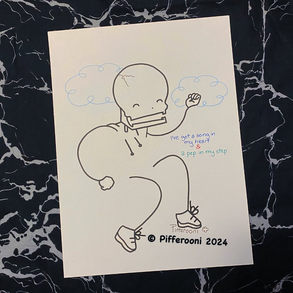 Original PEP IN MY STEP cute happy skull inspirational quote poster drawing